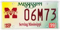 1999 Mississippi State College car license plate
