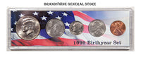 A 1999 Birth Year coin set which includes the Kennedy Half Dollar, Washington Statehood Quarter, Roosevelt Dime, Jefferson Nickel and Lincoln Cent for sale by Brandywine General Store