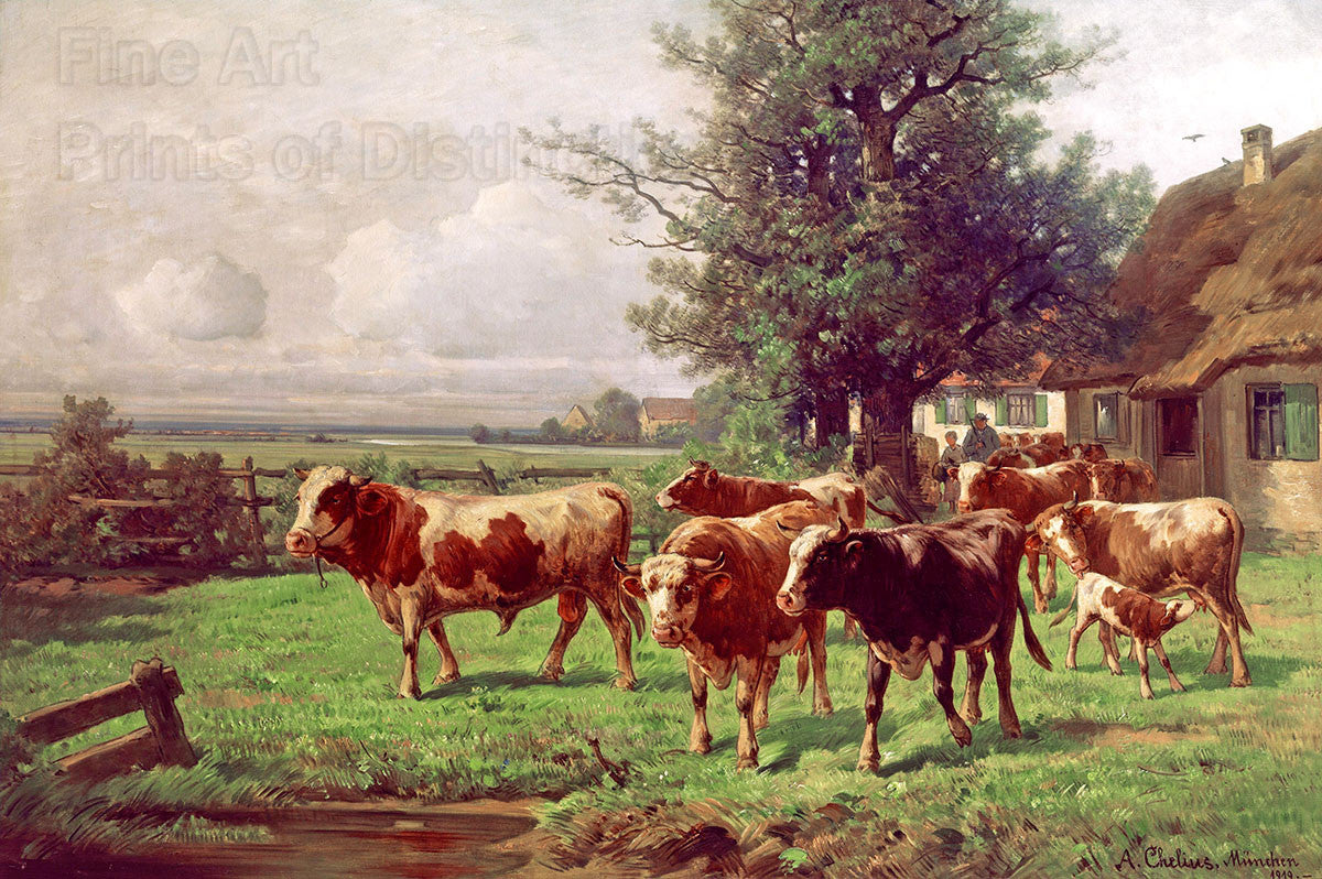 An archival premium quality art print of Cattle Herd at Dachau painted by Adolf Chelius in 1919 for sale by Brandywine General Store