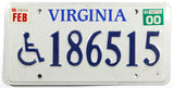 A 2000 Virginia handicapped passenger car license plate in excellent minus condition