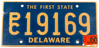 A 2000 Delaware station wagon license plate in very good plus condition