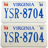 A pair of 2001 Virginia passenger car license plates for sale at Brandywine General Store in excellent minus condition