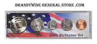 A 2001 Birth Year coin set which includes the Kennedy Half Dollar, Washington Statehood Quarter, Roosevelt Dime, Jefferson Nickel and Lincoln Cent for sale by Brandywine General Store