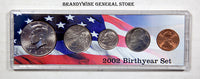 A 2002 Birth Year coin set which includes the Kennedy Half Dollar, Statehood Quarter, Roosevelt Dime, Jefferson Nickel and Lincoln Cent for sale by Brandywine General Store