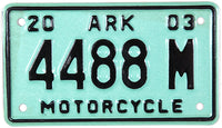 A classic 2003 Arkansas motorcycle license plate