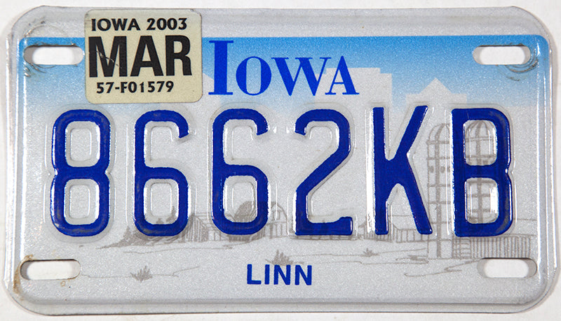 A 2003 Iowa Motorcycle License Plate