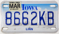 A 2003 Iowa Motorcycle License Plate