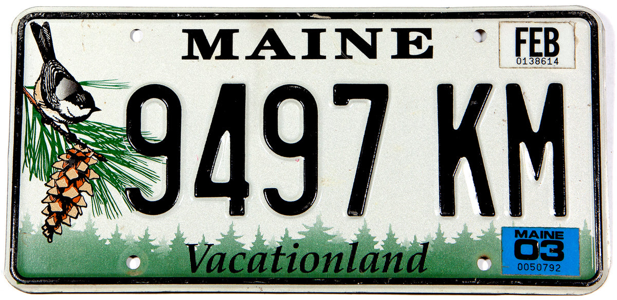 A scenic 2005 Maine Chickadee car license plate in excellent minus condition