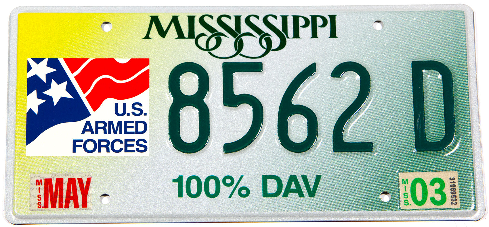 2003 Mississippi US Armed Forces DAV License Plate Brandywine General Store