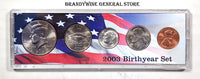 A 2003 Birth Year coin set which includes the Kennedy Half Dollar, Statehood Quarter, Roosevelt Dime, Jefferson Nickel and Lincoln Cent for sale by Brandywine General Store
