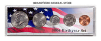 A 2004 Birth Year coin set which includes the Kennedy Half Dollar, statehood Quarter, Roosevelt Dime, Jefferson Nickel and Lincoln Cent for sale by Brandywine General Store