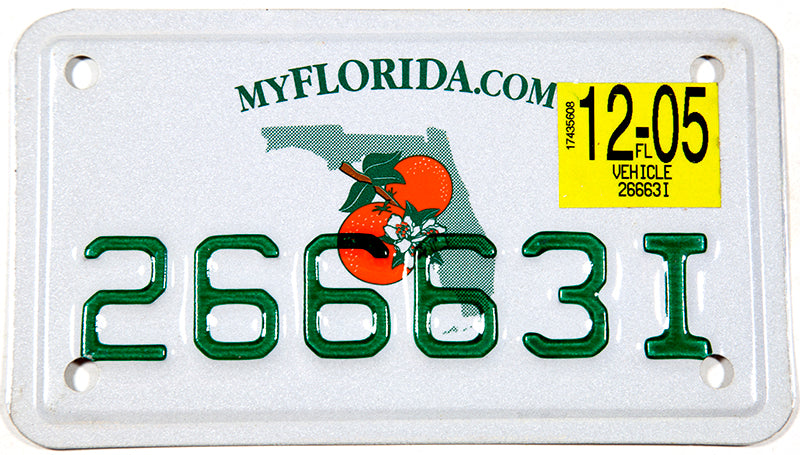 A scenic 2005 Florida motorcycle license plate in NOS Near Mint condition