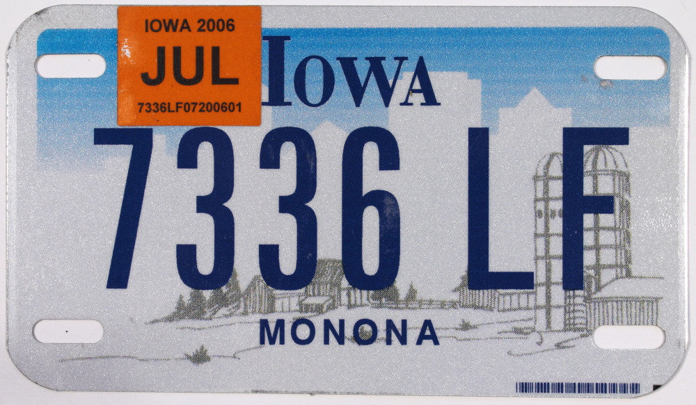 A 2006 Iowa Farm Scene Motorcycle License Plate which is in New Old Stock Excellent Minus Condition