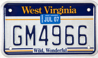 A 2007 West Virginia motorcycle license plate in excellent plus condition