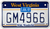 A 2007 West Virginia motorcycle license plate in excellent plus condition