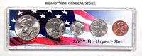 A 2007 Birth Year coin set which includes the Kennedy Half Dollar, Washington Quarter, Roosevelt Dime, Jefferson Nickel and Lincoln Cent for sale by Brandywine General Store
