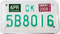 2008 Oklahoma Motorcycle License Plate in excellent minus condition