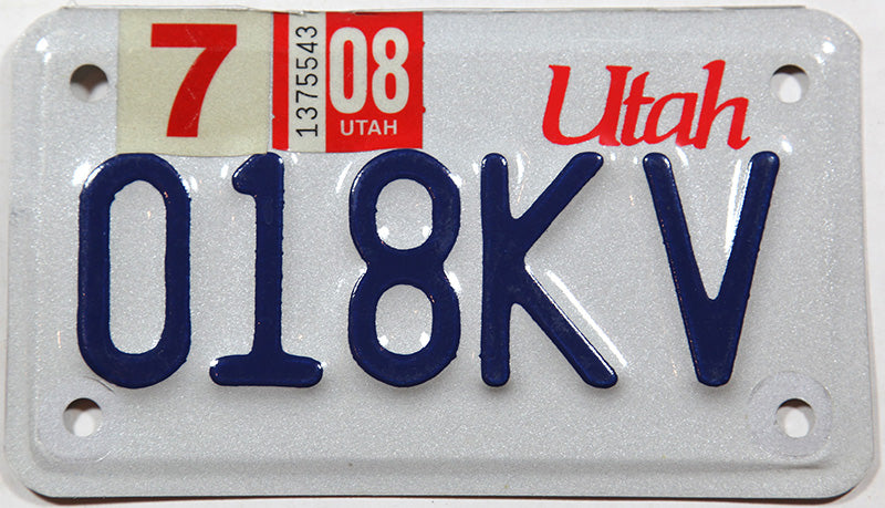 2008 Utah Motorcycle License Plate in Excellent condition