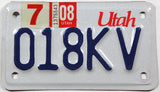 2008 Utah Motorcycle License Plate in Excellent condition
