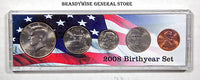 A 2008 Birth Year coin set which includes the Kennedy Half Dollar, Statehood Quarter, Roosevelt Dime, Jefferson Nickel and Lincoln Cent for sale by Brandywine General Store