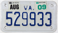 2009 Virginia motorcycle license plate in excellent condition