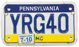 A 2010 Pennsylvania Motorcycle License Plate in very good condition wtih 2 extra holes