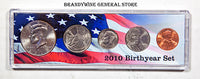 A 2010 Birth Year coin set which includes the Kennedy Half Dollar, America the Beautiful Quarter, Roosevelt Dime, Jefferson Nickel and Lincoln Cent for sale by Brandywine General Store