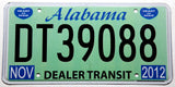 A NOS 2012 Alabama Dealer Transit license plate for sale by Brandywine General Store in unused excellent plus condition