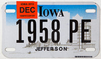 2013 Iowa Motorcycle License Plate in excellent condition