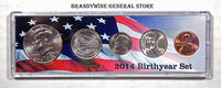 A 2014 Birth Year coin set which includes the Kennedy Half Dollar, America the Beautiful Quarter, Roosevelt Dime, Jefferson Nickel and Lincoln Cent for sale by Brandywine General Store