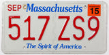 A 2015 Massachusetts passenger car license plate in excellent minus condition