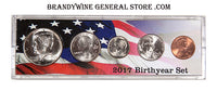 A 2017 Birth Year coin set which includes the Kennedy Half Dollar, America the Beautiful Quarter, Roosevelt Dime, Jefferson Nickel and Lincoln Cent for sale by Brandywine General Store