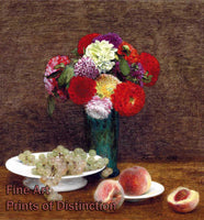 An archival premium Quality Art Print of a Still Life with Dahlias, Grapes and Peaches by Henri Fantin Latour for sale by Brandywine General Store.
