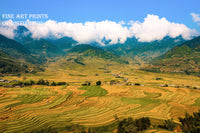 An archival premium Quality Art Print of a Chinese Farm with Terraced Fields with the Clouds for sale by Brandywine General Store