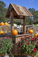 Fall Pumpkins on the Well with Mums and Hay Bales