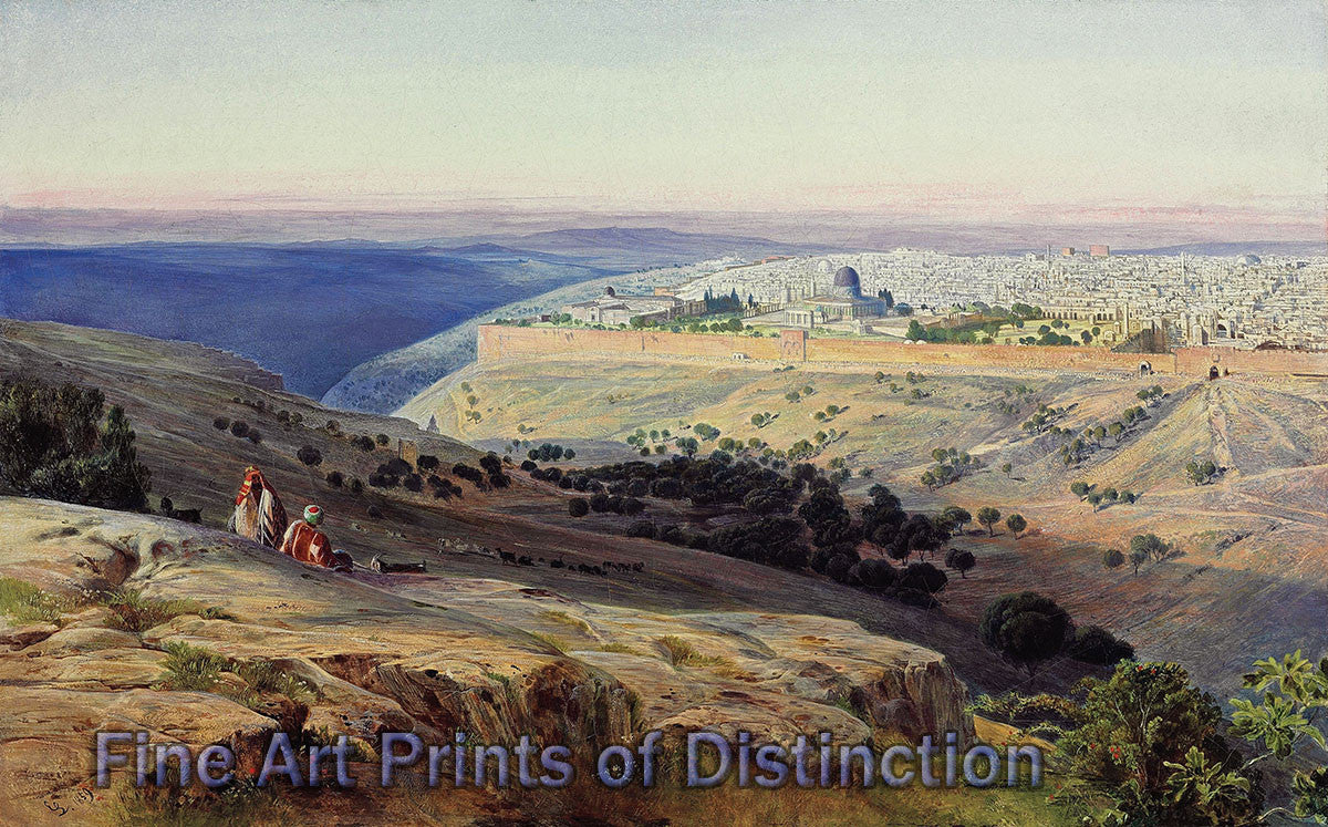 An archival premium Quality art Print of Jerusalem from the Mount of Olives, Sunrise by Edward Lear for sale by Brandywine General Store
