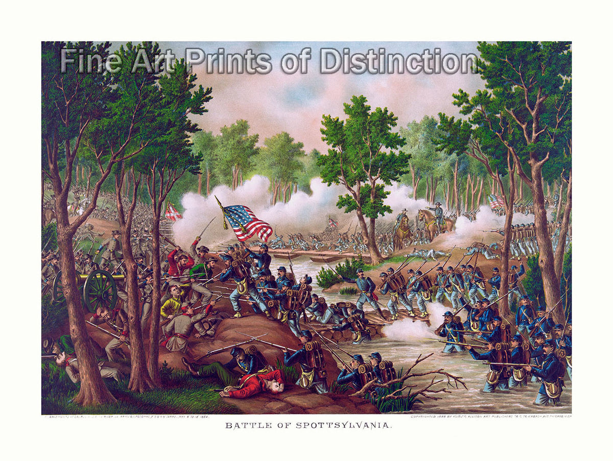 An archival premium Quality art Print of the Battle of Spottsylvania by Kurz and Allison copyright dated 1888 for sale by Brandywine General Store