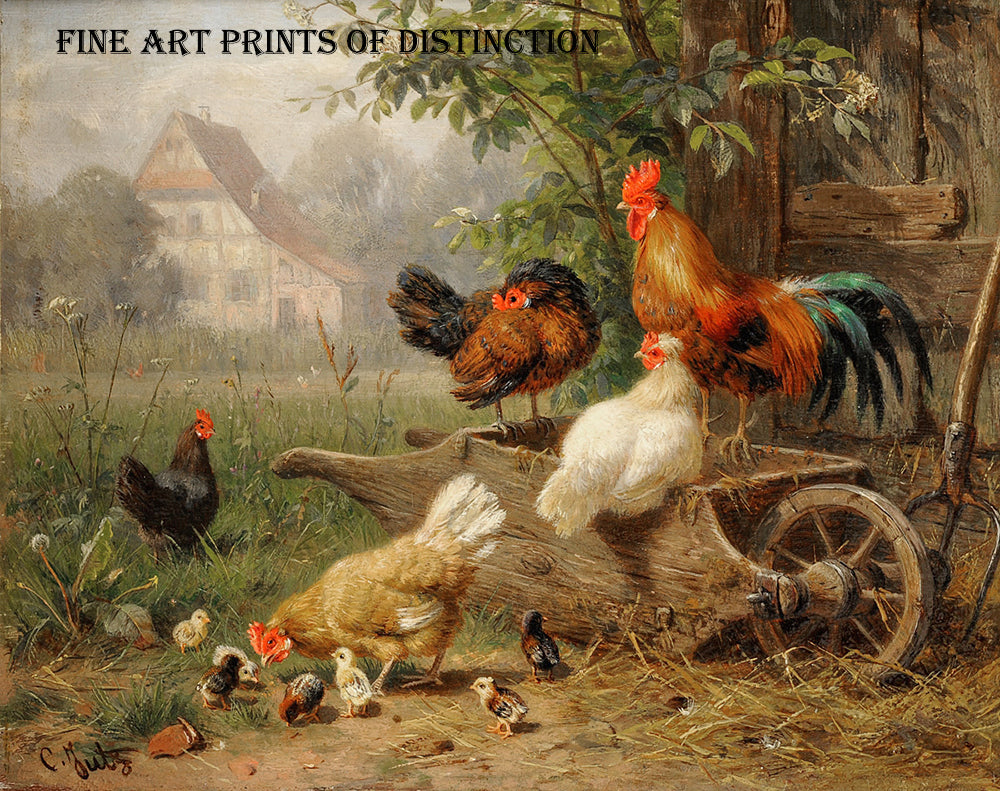 An archival premium Quality art Print of The Watchful Eye, a country decor scene painted by German Poultry Artist Carl Jutz for sale by Brandywine General store