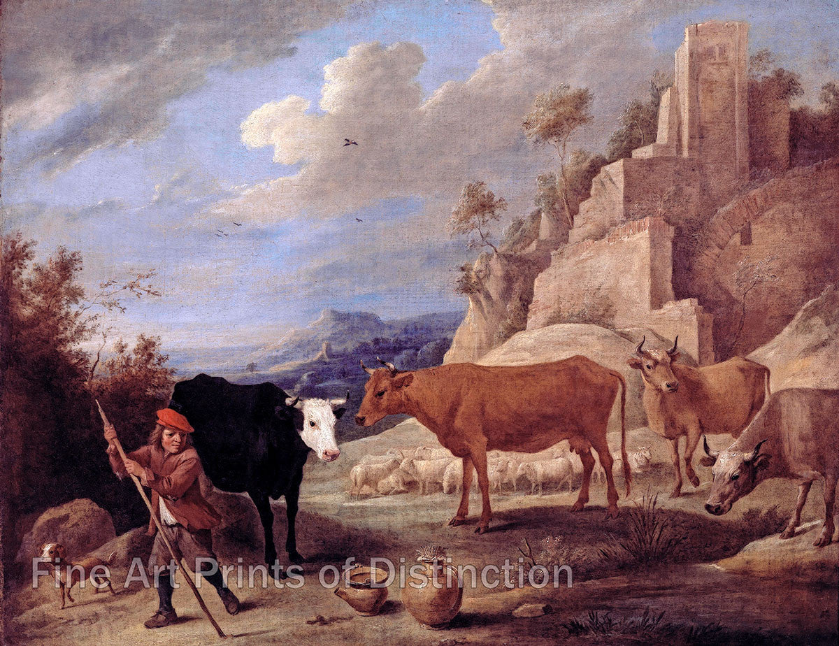An archival premium quality art print of Shepherd with Flock in Landscape with Ruins painted by David Teniers the Younger for sale by Brandywine General Store