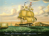 An archival premium quality folk art Print of a Packet Ship Passing Castle Williams in New York Harbor by Thomas Chambers