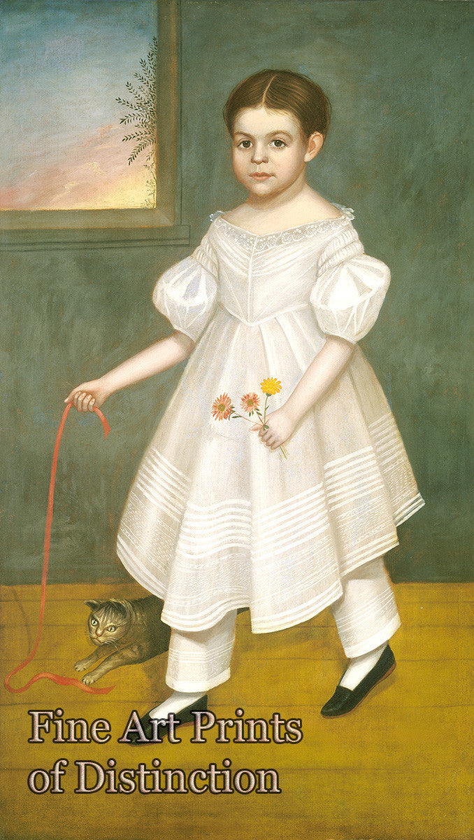 An archival premium Quality Folk Art Print of a Girl With a Kitten by Joseph Goodhue Chandler