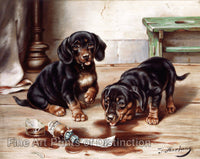An archival premium quality art print of Two Dachshunds and Drug Bottle painted by Austrian animal artist Carl Reichert for sale by Brandywine General Store