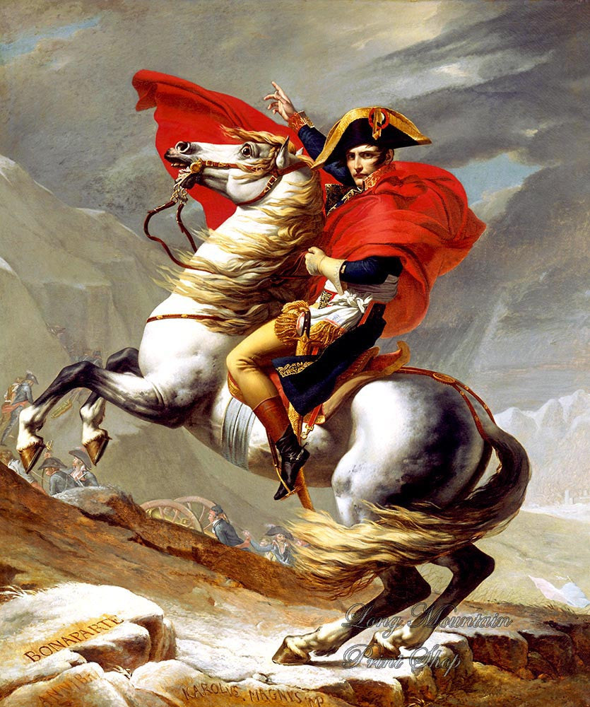 An archival premium Quality art print of Napoleon Crossing the Alps painted by Jacques Louis David in 1801 for sale by Brandywine General Store