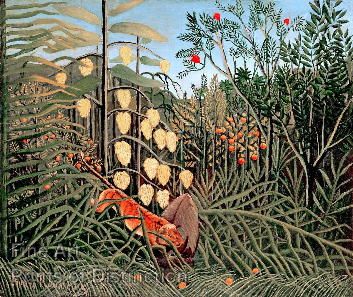 An archival premium Quality art Print of Struggle Between Tiger and Bull painted by Henri Rousseau sometime between 1908 and 1909 for sale by Brandywine General Store