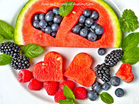 An archival premium Quality art Print of Hearts in Watermelon with Berries for sale by Brandywine General Store