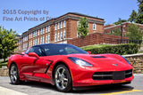 Torch Red Corvette Stingray in front of Stalnaker Hall at WVU
