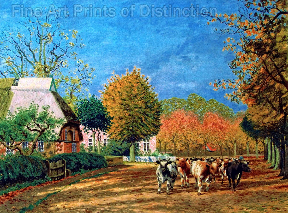 An archival premium Quality art print of German Cuisine in Barsbek by Fritz Stoltenbert, showing Cows on Main Street for sale by Brandywine General Store 