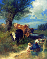 An archival premium Quality art print of Cows and Washerwoman Near a Brook by Rudolf Koller for sale by Brandywine General Store