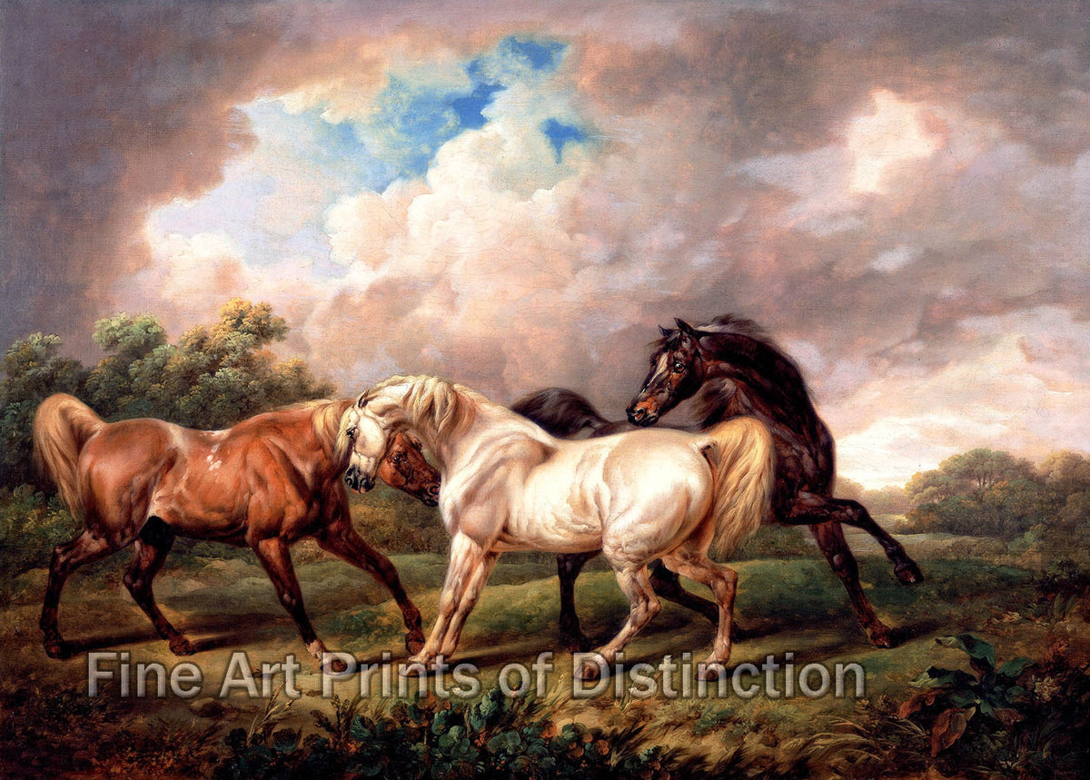 An archival premium Quality art Print of Three Horses in a Stormy Landscape an Oil on canvas painted by English artist Charles Towne in 1836 for sale by Brandywine General Store