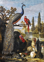 A Peacock, A Parrot, A Turkey, A rooster, A Rabbit and A Guinea Pig in a Park Landscape by David de Coninck Art Print